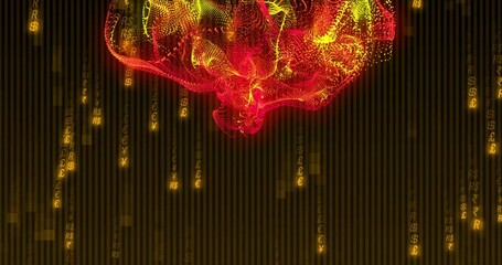Swirling red yellow mesh glowing in dark data visualization space, with floating currency symbols