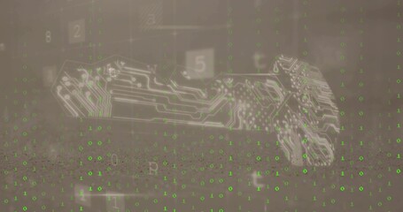 Floating circuit board pattern amid green binary digits, showing faint numeric panels in cyberspace