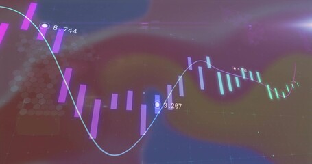 Displaying financial data chart at virtual dashboard, with purple and teal bars and blue trend line