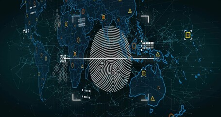 Fingerprint icon scanning under scanline onscreen network map, clusters or markers, targeting bracke