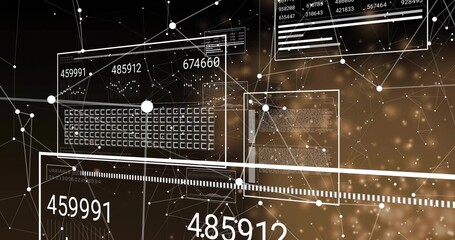 Displaying abstract data visualization in digital network simulation with panels, connecting nodes