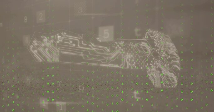 Floating circuit board pattern amid green binary digits, showing faint numeric panels in cyberspace