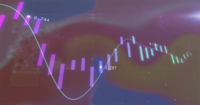 Displaying financial data chart at virtual dashboard, with purple and teal bars and blue trend line
