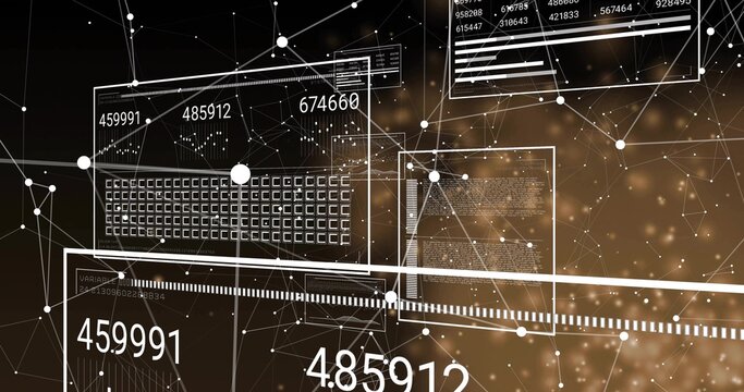 Displaying abstract data visualization in digital network simulation with panels, connecting nodes