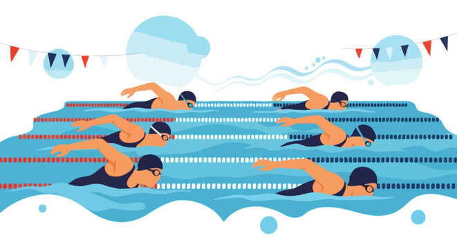 Flat vector illustration of several faceless swimmers competing in different lanes of a pool