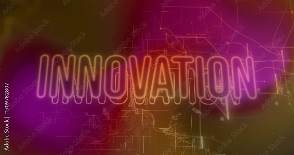Poster glowing neon-style text innovation shining in abstract digital environment, with circuit patterns