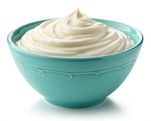 Soft serve ice cream in a teal bowl isolated on white background