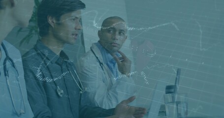 Male doctor speaking in hospital conference room, with laptop stethoscope chart overlay, copy space
