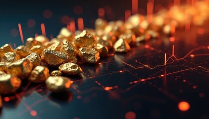 Raw gold nuggets rest on dark surface with glowing digital data lines. Shows live gold prices on modern technology platform. Financial market information, investment value trend analysis visualized