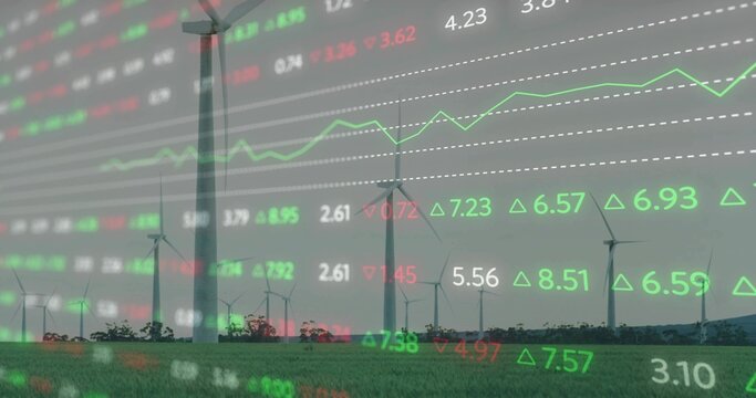 Wind turbines standing in wind farm, with red green stock quotes, arrows and green line graph