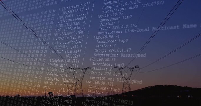 Displaying transmission towers and power lines over hillside at dusk, with network log overlay