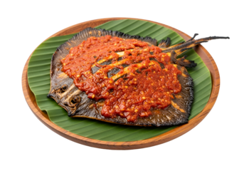 Grilled stingray, a flavorful dish with a rich, spicy sauce, presented attractively on a wooden plate lined with banana leaves.