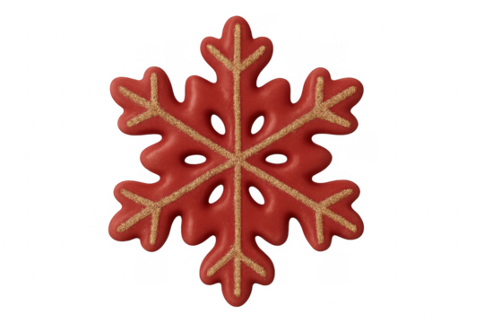 Red christmas snowflake ornament with golden glitter on transparent background
