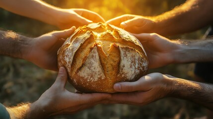 Hands sharing a loaf of fresh bread outdoors.