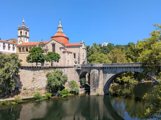 Best view to Saint Goncalo Monastery and the st. goncalo bridge over the river Tamega in Amarante, Region Norte - Portugal