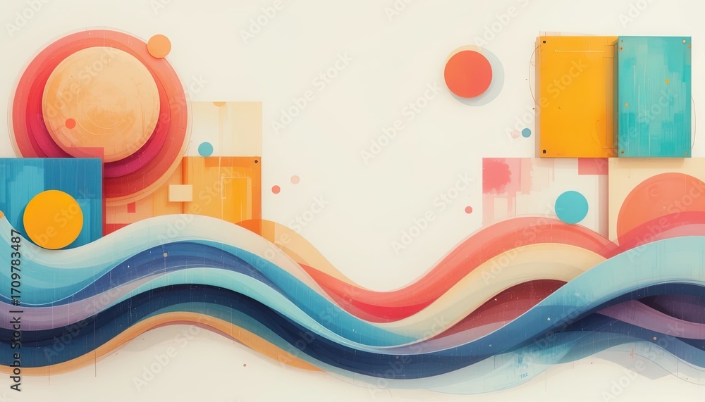 Poster a vibrant abstract design featuring layered shapes and fluid curves in a palette of warm and cool co