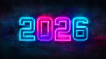 Futuristic digital artwork featuring 2026 in neon lights with vibrant cyan and magenta glow