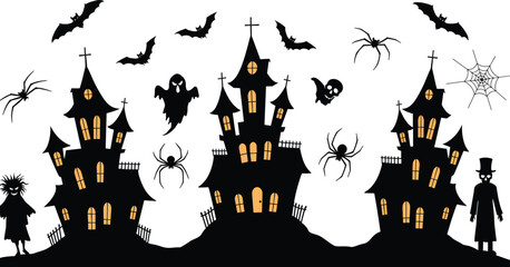 Halloween haunted house vector illustration with spooky ghosts, flying bats, creepy spiders, cobwebs, scary graveyard, evil spirits and dark night