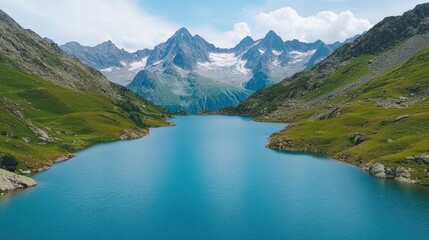 Breathtaking aerial view of a pristine turquoise lake nestled amidst lush green valleys and towering snow capped peaks in the Alps, creating a serene and picturesque landscape