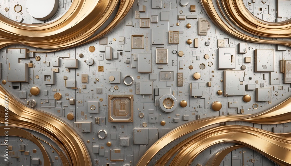 Poster a graphic design featuring a complex arrangement of metallic components, blending gold and gray tone