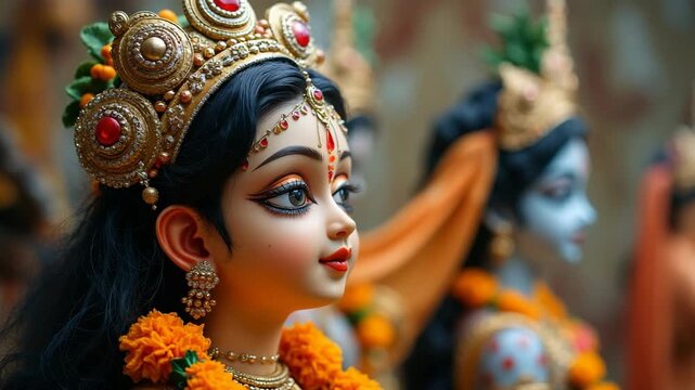 Shree Krishna for Janmashtami. Vibrant close-up of a traditional Hindu goddess idol adorned with floral garlands and ornate crown, typically featured in Indian religious festivals and ceremonial