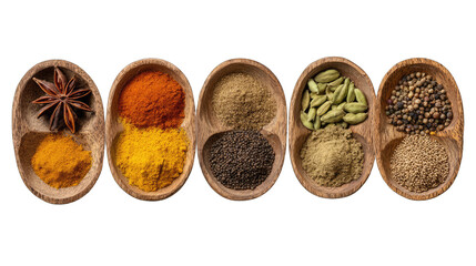 Five small, wooden bowls filled with various spices, arranged in a horizontal row