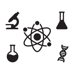 Science icons atom microscope D N A flask beaker research
