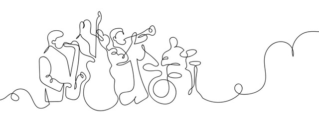 Continuous line of jazz band, simple line art doodle vector, editable stroke.