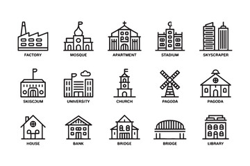 Set of building icons with labels factory mosque