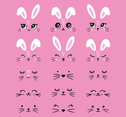 Cute white bunny easter cartoon kit set. Collection of design objects: ears, faces, different emotions, tummies, eyes, mustaches, noses isolated on pink background. Vector illustration. Hare, rabbit 