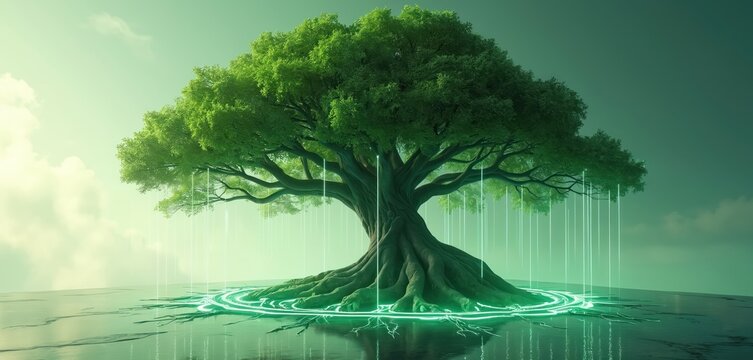 Futuristic tree displays glowing roots blending nature with technology. Digital connectivity concept merges organic growth with cybernetic energy. Green ecosystem AI innovation, sustainability,