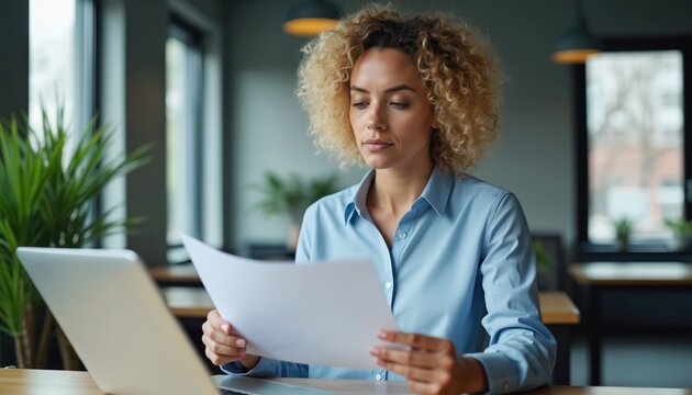 Focused businesswoman analyzes legal document, report at laptop in modern office. Blonde woman reviews paperwork, financial data. Professional, executive working with computer, contract, research.
