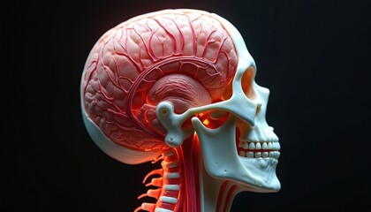 Anatomical model of human head, neck with detailed brain, skull, cervical spine. Red lines highlight blood vessels within cerebral, cerebellar structures. Realistic illustration for medical