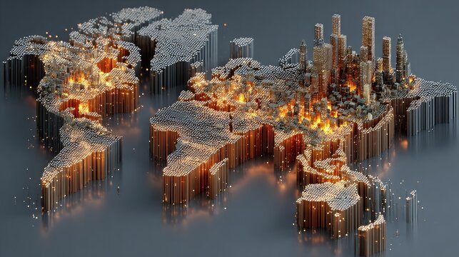 3D world map, cityscapes in fire, pixelated style