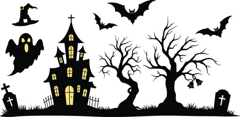 Halloween haunted house with spooky ghost, flying bats, eerie trees, graveyard tombstones, witch hat, and creepy Halloween night design.