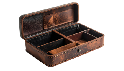 Open leather box with compartments