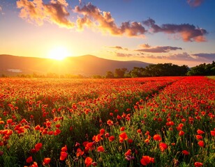 Fototapeta premium Vibrant Red Poppy Field at Sunset