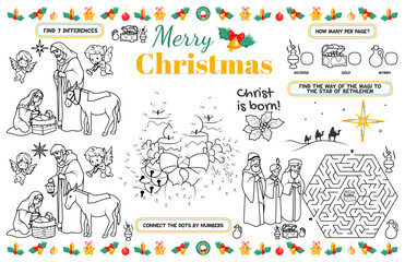 Christian placemat for children. Printable activity sheet "Merry Christmas" with a labyrinth, connect the dots, and find differences. 17x11 inch printable vector file