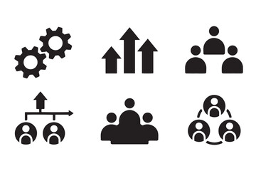 Six black icons representing teamwork and growth gears