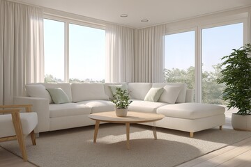 Bright, airy living room with large windows