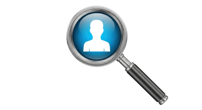 Isolated profile icon behind magnifying glass, concept of finding people, searching, finding