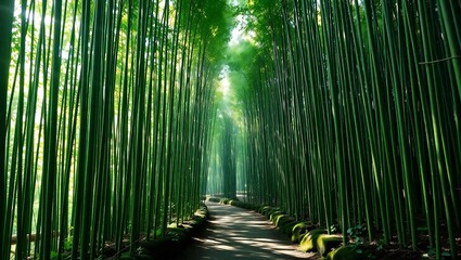 Fototapeta premium A sunlit path winding through a serene dense green bamboo forest grove in Arashiyama Kyoto.