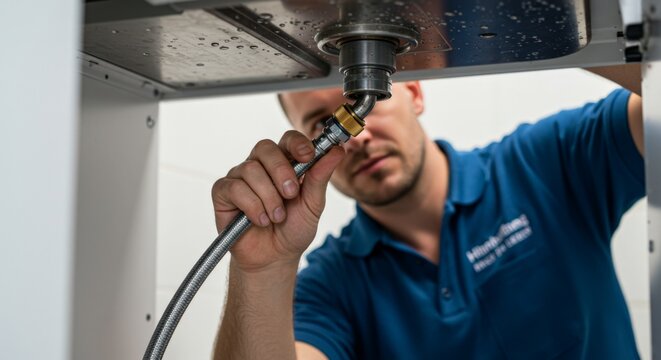 Plumber connecting hose under sink in bathroom