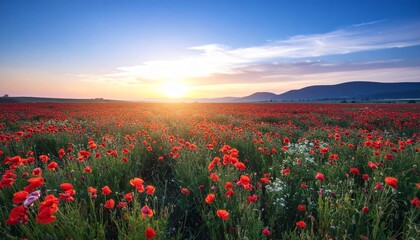 Vibrant Red Poppy Field at Sunset