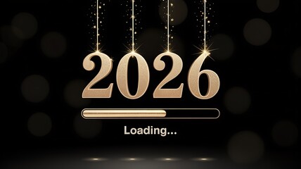 "Glittering golden 2026 loading new year countdown design with sparkling progress bar on elegant black background"