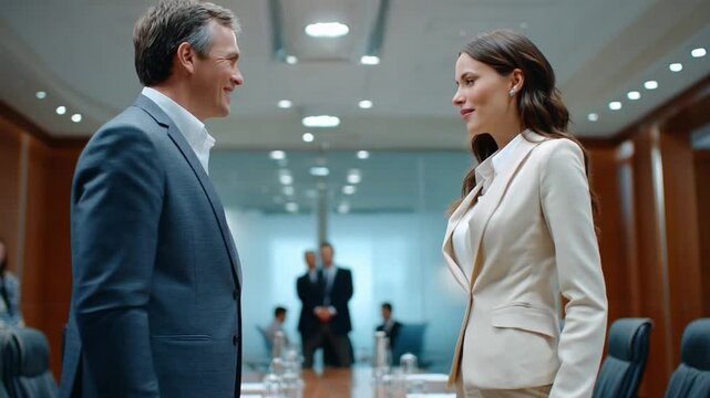 Business Professionals Networking: A candid moment captured between two business professionals. set in a modern, well-lit conference room, highlighting their collaborative interaction 