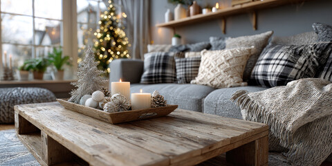 Glowing candles, silver Christmas tree decor, white ornaments arranged on wooden tray within minimalist Scandinavian living space featuring festive pine tree backdrop