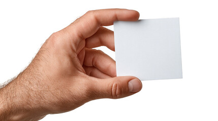 Obraz premium A hand holding a blank white square card against a black background in a close up studio shot