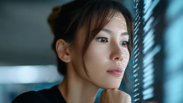 Contemplative gaze: A young woman, framed in a modern setting, embodies deep thought as she looks thoughtfully ahead.