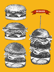 Burger Menu. Hand-drawn illustration of Burger. Ink. Vector	